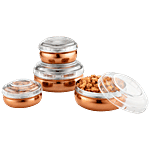 Jensons Steel Belly Shape Storage Dabba/ Container Set With Transparent PP Lid - Copper & White 4 pcs (200ml + 300ml + 450ml + 750ml)