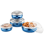 Jensons Steel Belly Shape Storage Dabba/ Container Set With Transparent PP Lid - Blue & White 4 pcs (200ml + 300ml + 450ml + 750ml)