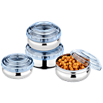 Jensons Steel Belly Shape Storage Dabba/ Container Set With PP Lid - Silver & Blue 4 pcs (200ml + 300ml + 450ml + 750ml)