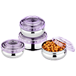 Jensons Steel Belly Shape Storage Dabba/ Container Set With PP Lid - Silver & Purple 4 pcs (200ml + 300ml + 450ml + 750ml)