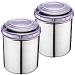 Jensons Steel Storage Deep Dabba-Container Set With PP Lid - Silver & Purple 650 ml (Pack of 2)