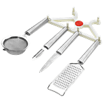 Ritu Utility Set With Wall Stand - Lighter+Knife+Peeler+Grater+Strainer, Silver 5 pcs