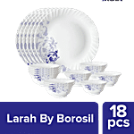 Larah by Borosil Dinner Set - Opalware, Bue Eve Silk, White 18 pcs
