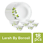 Larah by Borosil Dinner Set - Opalware, Green Leaves Silk Design, White 18 pcs