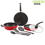 Nirlon Ruby Granite Gift Set Non-Stick Cookware - Red, Dosa Tawa 26 cm + Fry Pan 24 cm + Kadai 24 cm + Glass Lid + 3 Nylon Spoon, Aluminium 7 pcs 