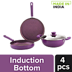 Nirlon Induction Base Non Stick Cookware Set With Glass Lid & Soft Touch Handle - Regal Purple 4 pcs