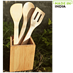 Bamboooz Kitchen Tools Set With Holder Made Of Bamboo Wood - Spatula, Ladle, Turner 4 pcs