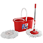 Kleeno by Cello Compacto Spin Mop With Bucket - Plastic, With Rod, Refill Included, Red 1 pc 