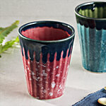 bb home Earth Ceramic Lassi/Milk Glass - Hand Painted, Blue & Maroon 400 ml (Set of 2)