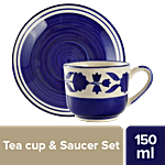 bb home Earth Tea Cup & Saucer Set, Hand Painted Ceramic - Floral Royal Blue 150 ml (Set of 4)