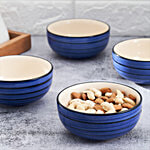 bb home Earth Dining Bowl/Katori Set - Handcrafted Ceramic, Stripes Night Blue 250 ml (Set of 4)