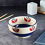 bb home Earth Serving/Mixing Bowl - Handcrafted Ceramic, Blue Red Petals 410 ml