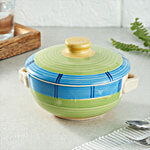 bb home Earth Serving/Mixing Bowl- With Lid, Hand Painted Ceramic, Tricolour 500 ml