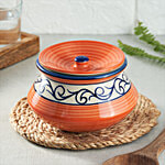 bb home Earth Storage Jar/Handi With Lid - For Pickle/ Spices, Hand Painted Ceramic, Classic Floral Red Yellow 700 ml