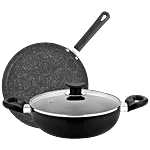 Bergner Non-Stick Cookware Set - Essential +,Kadai ,Glass Lid,Tawa, Induction Base, Black 3 pcs 