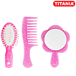 Titania Handbag Hair Set - Comb, Brush & Mirror, Lilac Glitter Look, Pink, DP100134 3 pcs