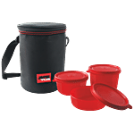 Jaypee Plus Multi Decker 3 Lunch Box - Black Pouch & Red, Round, Plastic, Non-toxic, Leak-proof 1 pc