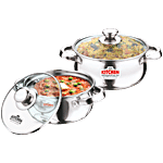 Kitchen Essentials Belly Cook N Serve Set - Stainless Steel Casserole, With Glass Lid, 14 Cm & 16 Cm, High Durable 2 pcs (1 L & 1.5 L)