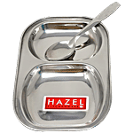 Hazel Steel Compartment/Pav Bhaji/Idli Plate with 2 Sections Divided Mess Tray & Spoon, Silver 1 pc