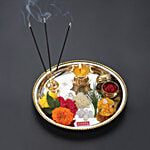 Hazel Stainless Steel Puja Aarti Thali Set 22 cm With Diya, Incense Holder, Kumkum Vati Silver 1 pc