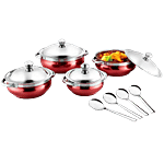 Jensons Stainless Steel Cook & Serve Urli/Handi - With Lid & Serving Spoon Set, Red (12.5 cm, 14 cm, 16 cm, 18 cm) 8 pcs (500 ml, 750 ml, 1.1 L, 1.55 L)
