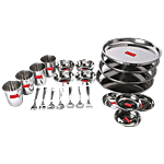 Hazel Stainless Steel Dinner Set - Full & Quarter Plates, Glasses, Bowls, Spoons & Forks, Silver 24 Pcs