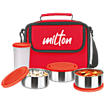Milton New Steel Combi Lunch Box - Stainless Steel Containers, Plastic Tumbler With Jacket, Red 4 pcs 