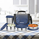 Milton Tasty Lunch Box, 3 Stainless Steel Containers (200 ml, 320 ml, 500 ml) With Jacket, Blue 3 pcs