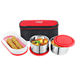 Dream Home Stainless Steel Lunch Box - Plastic Lid & Spoon, Printed, Red, With Bag 350 ml (Set of 3)