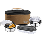 Jensons Aqua Double Decker Lunch Box - Leakproof & Detachable Lock Click, Canvas Brown 4 pcs