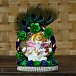eCraftIndia Lord Ganesha Idol On Decorative Handcrafted Floral Plate With Peacock Feather For Home & Car 1 pc 