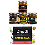 JhaJi  Pickles - Mithila Special Mango, Lal Mirch Bharua, Lemon Ginger Green Chilli Mix, Spicy Green Chilli 100 g (Pack of 4)