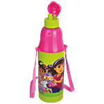 Pratap Pio M Dora & Friends Water Bottle With Belt & Straw - Leakproof, Green & Pink 500 ml