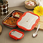 Virtue Signature Stainless Steel Lunch Box Jumbo With Spoon - Red 3 pcs (900 ml + 150 ml)