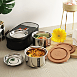 Virtue Fusion 2 Stainless Steel Lunch Box With Additional Plate Inside - Double Walled Insulated With Bag, Brown Lid Containers 340 ml (Set of 2)