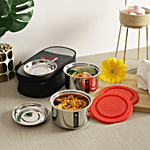 Virtue Fusion 2 Stainless Steel Lunch Box With Additional Plate Inside - Double Walled Insulated With Bag, Red Lid Containers 340 ml (Set of 2)