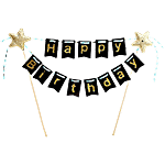 Party Propz Happy Birthday Black Cake Topper With Golden Glitter Alphabets 1 pc