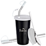 PddFalcon Stainless Steel Straw Glass - Black, With Accessories 370 ml