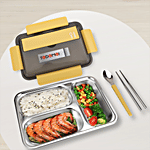 Tedemei Lunch Box 3 Compartment - Yellow, Blue & Brown Colour 1.1 L