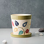 bb home Earth Planter/ Pot With Tray, Hand-Painted Ceramic, Vintage Autumn, 20.32 cm, Medium Size 1 pc