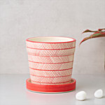 bb home Earth Planter/ Pot With Tray, Hand- Painted Ceramic, Vintage Optical Weave Red, 15.24 cm, Small Size 1 pc