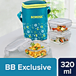 Borosil Grace Square Transparent Glass Tiffin Box With Green Bag 320 ml (Set of 3)