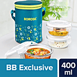 Borosil Grace Round Transparent Glass Tiffin Box With Green Bag 400 ml (Set of 3)