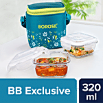 Borosil Grace Square Transparent Glass Tiffin Box With Vertical Green Bag 320 ml (Set of 2)