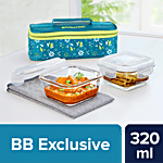 Borosil Grace Square Transparent Glass Tiffin Box With Horizontal Green Bag 320 ml (Set of 2)
