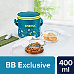Borosil Grace Round Transparent Glass Tiffin Box With Vertical Green Bag 400 ml (Set of 2)