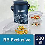Borosil Grace Square Transparent Glass Tiffin Box With Navy Blue Bag 320 ml (Set of 3)
