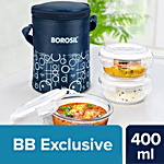 Borosil Grace Round Transparent Glass Tiffin Box With Navy Blue Bag 400 ml (Set of 3)