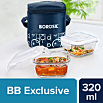 Borosil Grace Square Transparent Glass Tiffin Box With Vertical Navy Blue Bag 320 ml (Set of 2)