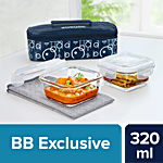 Borosil Grace Square Transparent Glass Tiffin Box With Horizontal Navy Blue Bag 320 ml (Set of 2)